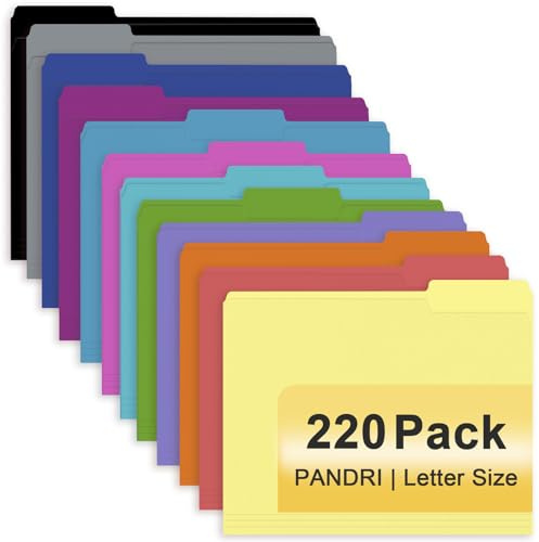 File Folder, PANDRI 220 Pack Colored File Folder, 1/3 Cut Tab, Letter Size, Assorted 12 Colors Filing Folder for Office School Business