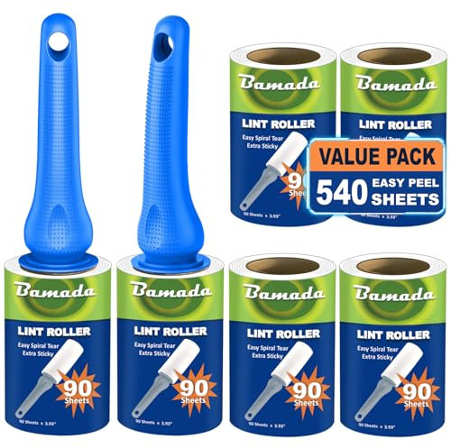 Rodillo de pelusa pegajoso para pelo de mascotas: removedor de pelusas para perros y gatos, juego de 540 hojas, 2 asas + 6 rodillos, eliminación de pelos para ropa, sofá, muebles