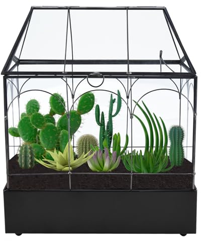Homtone Maceta de terrario geométrica de 24 cm con bandeja, forma de casa, caja de cristal negra hecha a mano, maceta vintage en miniatura para suculentas, cactus, plantas de aire, negro
