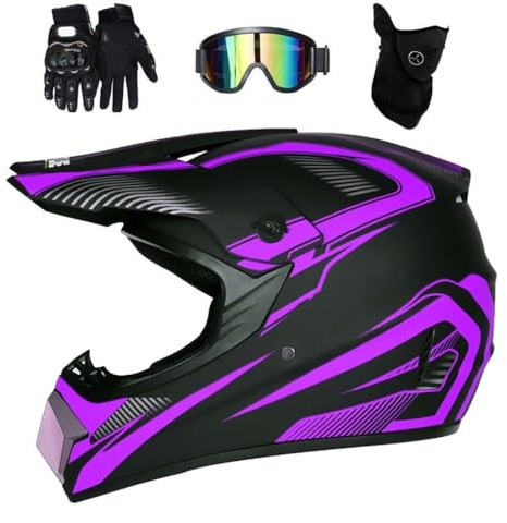 Unisexo Deportes Extremos Casco de Motocross, con Gafas Guantes Mascarilla, Juventud Cara Completa Fuera de La Carretera Moto Casco, Cuesta Abajo Enduro BMX MTB ATV Quad Dirt Bike Casco(Purple,XL/58-5