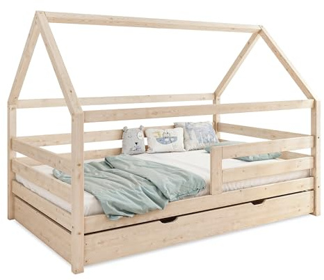 Ehrenkind® Hausbett Sona mit Bettkasten aus massivem Kiefernholz Natur 120x200 cm