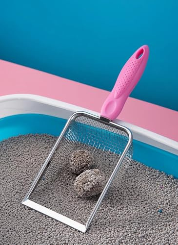 PlushPlumage Cat Litter Scoop,Stainless Steel Mesh Scooper,Durable,Heavy Duty,Easy to Clean,for Litter Box,Pet Litter Cleaning Tool for Cat Dog Rabbit (Pink, Hole:3.8mm)