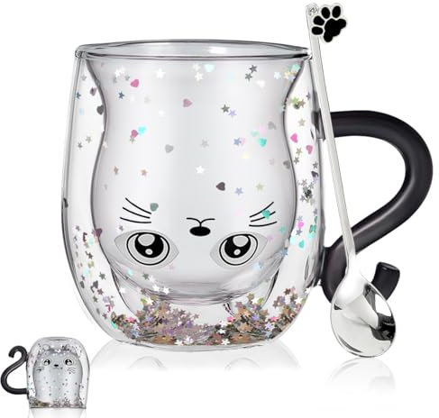 Regalo Mujer Taza Gato Taza de Café con Leche Taza Doble Pared Cristal,Regalos para Ella,Rellenos de Calcetines de Navidad,Regalo Cumpleaños Mujer, San Valentín,Regalos para el dia de la Madre