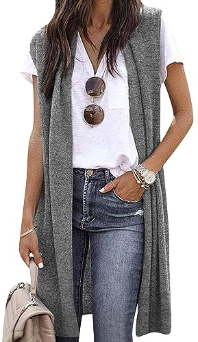 OMZIN Gilet Per Donne Cardigan Senza Maniche Tinta Unita Aperto Sul Davanti Gilet Lungo Leggero Grigio Chiaro M