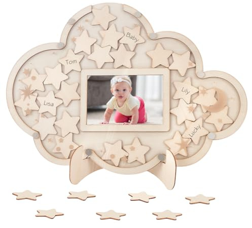 Unicraftale Libro degli ospiti per baby shower, libro battesimale, libro degli ospiti, nuvola, baby party, libro degli ospiti in legno, album fotografico, regalo, decorazioni, con stelle, per targhe