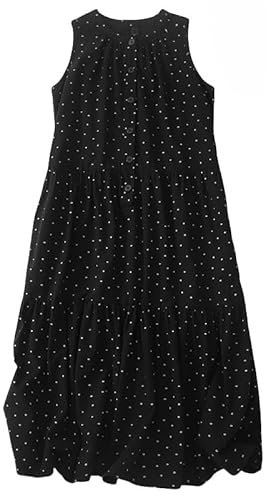 XXGJOALD Robe Débardeur Ample Noire sans Manches À Fleurs pour Femme, Robe Mi-Longue D'Été Respirante en Coton et Lin avec Poches, Robe D'Été Rétro Trapèze pour Tous Les Jours, Noire, XS