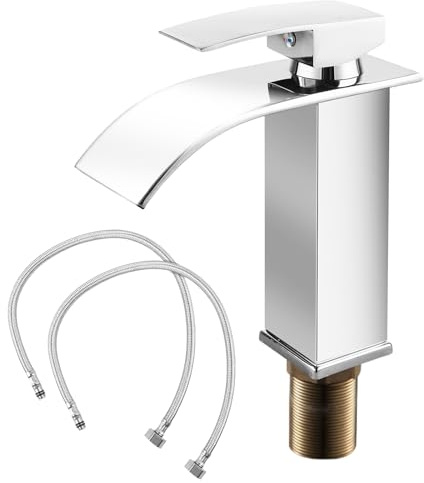 Rubinetto per bagno in acciaio inox, miscelatore monocomando a cascata con tubo di collegamento da 60 cm, cromato