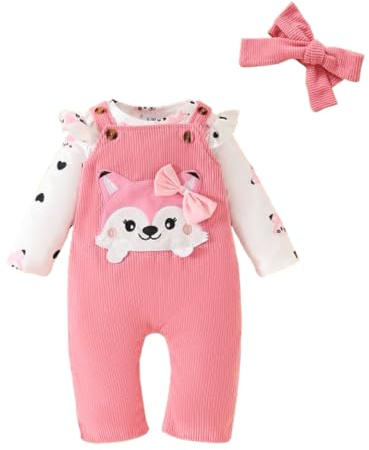 Vêtements de Ensemble pour Bébé Fille Barboteuse Haut+Pantalon de Salopette | 3 Pièces Tops Floral et Pants à Bretelles et Bandeau Tenues pour 0 3 6 9 12 18 24 mois Automne Hiver Printemps été