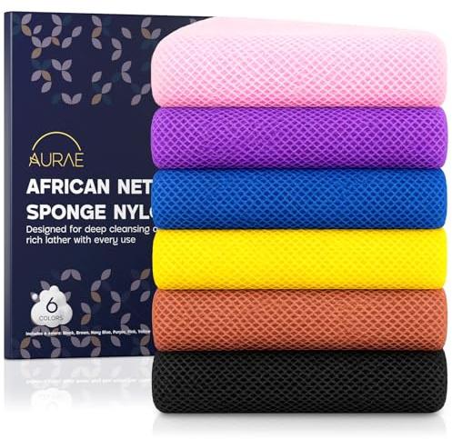 AURAE Multi Colour African Net Sponge 6 Piece Set – Authentic African Exfoliating Net Sponges for Bath & Shower, Soft, Durable & Quick-Drying Back Scrubber & Body Exfoliator – 6 Colours