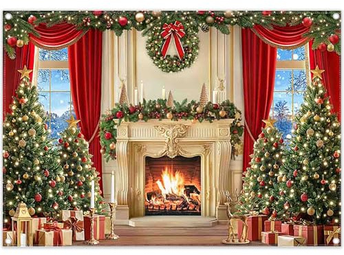 Luminora 2,1 x 1,5 m Toile de Fond pour Noël, cheminée Blanche, Rideaux Rouges, sapins de Noël, Couronne, arrière-Plan de célébration, décoration de Festival, Cadeaux, bannière Photo