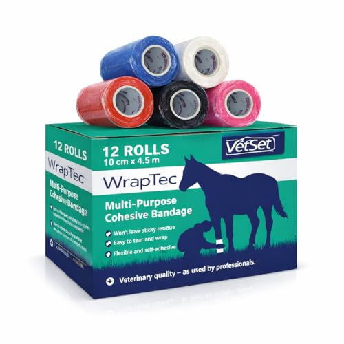 VetSet WrapTec Vet Wrap Cohesive Bandage Rolls 100mm, 12 Pack Assorted | 4.5m Self-adhesive flexible wrap for horses and dogs; non-slip support for legs, tendons and hoof poultices