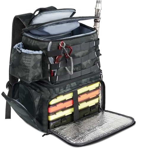 MATEIN Sac de Pêche avec Porte-Canne et Ouverture 180° Compartiment Isotherme, Sac a Dos Peche Étanche Résistant à L'usure, Caisse de Peche pour Matériel de Pêche, Cadeau pour Pecheur, Camouflage