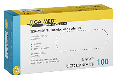 Lot de 100 gants jetables à usage unique en nitrile non-poudrés sans latex taille M qualité Tiga-Med (Bleu)