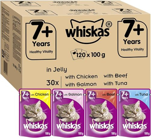 Whiskas Wet Pouches, Fish and Meaty Selection in Jelly, Suitable for Senior Cats Aged 7+, MegaPack (120 x 100 g)
