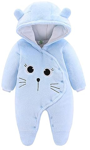 JiAmy nyfödd baby vinter sparkdräkt med huva fleece snödräkt overall tecknad katt kläder 0-12 månader, BLÅ, 3-6 Months