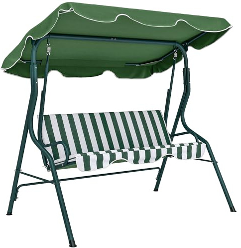 Outsunny 3 Seater Canopy Swing Chair Outdoor Garden Bench with Adjustable Canopy, Removable Cushion and Metal Frame - Green Stripes