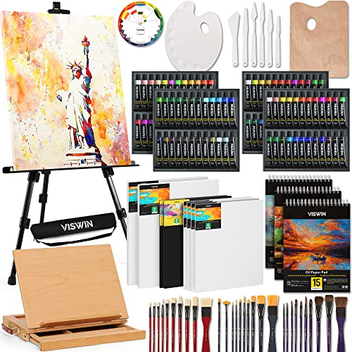 VISWIN 148 Pcs Kit de Peinture Super Deluxe avec Chevalet de Table et Champ, 96 Peintures à l'Huile, Aquarelle et Acrylique, Toile, Pinceau, Ensemble de Peinture Professionnel pour Adulte, Artiste