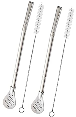 Yerba Mate Bombilla Pailles en acier inoxydable avec cuillère filtrante, pailles à thé détachables, réutilisables pour thé en vrac, café, boissons, avec 2 brosses de nettoyage, 18,3 cm