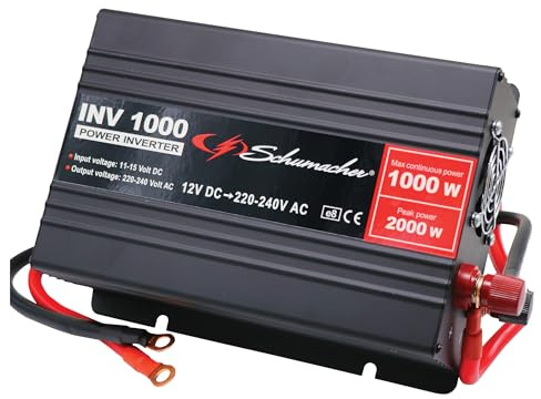 Schumacher INV 1000 Inverter Sinusoidale Modificato 12V CC > 230V CA - Potenza Continua di 1000W - Protezione da Sovratensione, Sottotensione, Sovraccarico e Sbalzi Termici - Con Ventola - Silenzioso