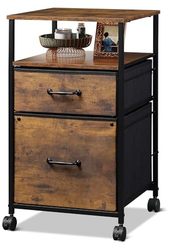 DEVAISE 2 Drawer Mobile File Cabinet, Rolling Printer Stand with Open Storage Shelf, Fabric Vertical Filing Cabinet fits A4 or Letter Size for Home Office, Rustic Brown Wood Grain Print