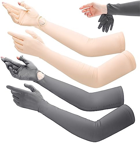 Yahenda 2 Pairs Women UV Long Sun Protection Gloves Touchscreen Arm Sun Driving Gloves UPF 50+ for Outdoor Sports Cycling (Gray, Orange)