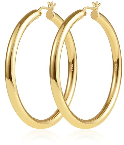 Gold Ohrring Große Creolen für Damen, Grosse Goldene Creolen Hypoallergene Sterling Silber Ohrring Große Hängende Creolen Runde Creolen Ohrring Leichte Große Ohrring Schmuck für Frauen 5,1 cm