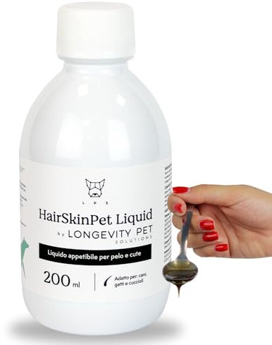 LPS HairSkinPet Liquid Integratori per Cani e Gatti Appetibile per Pelo e Cute | Omega 3, Olio di Pesce, Vitamine e Minerali per Lucentezza e Salute della Cute Gatto e Cane | 200ml Made in Italy