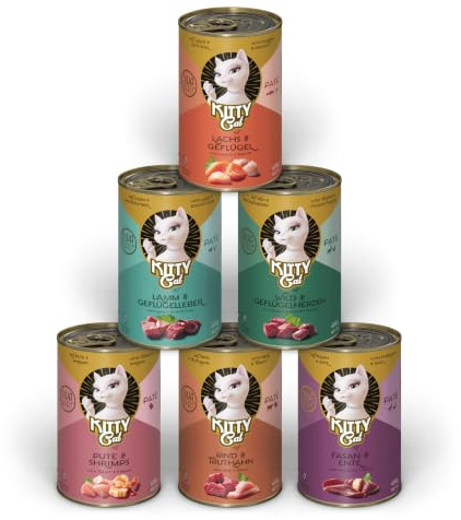 KITTY Cat Paté Mix 2 6 x 400 g Comida húmeda para Gatos en Paquete de degustación sin Cereales, alimento para Gatos con taurina, Aceite de salmón y mejillón de Labios Verdes, pienso Completo con Alto