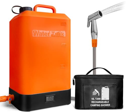 B. TAWD 4.5 Gallon Silicone Water Tank, Portable Camping Shower, USB Battery Charging, Solar Heating, with Shower Head, Electric Portable Outdoor Shower, Built-in Thermometer, Beach, Camping, Hiking