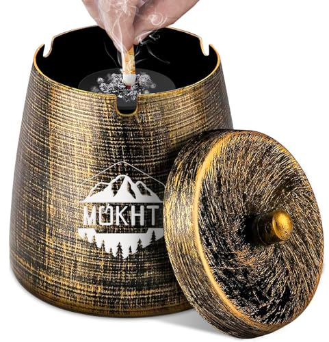 Aschenbecher mit Deckel (12 * 10 * 12cm), Edelstahl Aschenbecher für Draussen, Sturmaschenbecher als Windaschenbecher, Standaschenbecher mit Rutschfest Boden für Draußen und Innen - Bronze