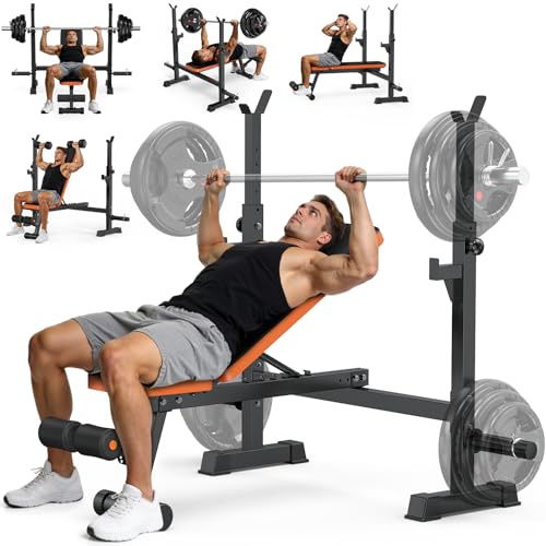 Fostoy Heavy-Duty Weight Bench, 770lbs Stable Bench Press for Home Gym, Adjustable Flat & Incline Workout Bench for Full Body Training with Squat Rack (Orang)