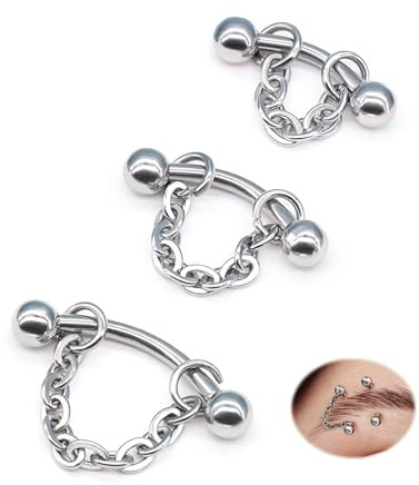 ALACLO 3 Pcs 316L Stainless Steel 16G Tragus Helix Rook Piercing Jewelry with Chain, Cartilage Earrings for Women, Belly Button Ring Vertical Labret Lip Piercing Jewelry (Silver)