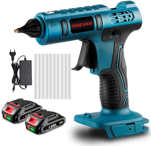ONEVAN Pistola de pegamento caliente inalámbrica, batería de 12 g/min, calentamiento rápido de 60 segundos, pistola de pegamento inalámbrica, incluye 10 barras de pegamento de 11 mm, para manualidades