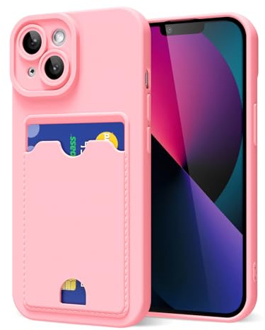 oakxco for iPhone 13 Mini Case with Card Holder, Cute Silicone Wallet Phone Case with Credit Card Slot, Soft Rubber Thin Slim Purse for Women Men with Camera Cover Protection, Light Pink