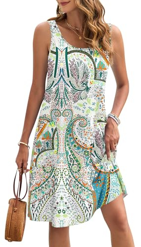 AUSELILY Vestido de Verano para Mujer sin Mangas y hasta la Rodilla | Vestido playero casual corte en A con bolsillos Vestido ligero sin mangas con cuello redondo Verano Vacaciones
