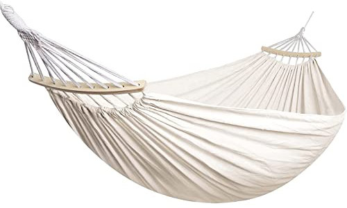 Amaca con barre di allargamento per campeggio all'aperto, tessuto in tela resistente, nodo in metallo, capacità di carico 300 kg, ideale per giardino, patio, cortile e viaggi, 210 x 150 cm