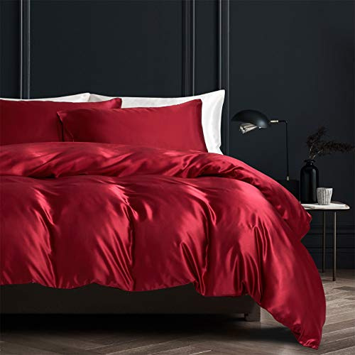 YASMENG Copripiumino in Raso 240x260 Rosso Vino Tinta Unita Brillante Deluxe Set Biancheria da Letto in Raso Morbido Liscio Setoso Seta Biancheria da Letto 2 Persone Adulto con Cerniera e Federe 65x65