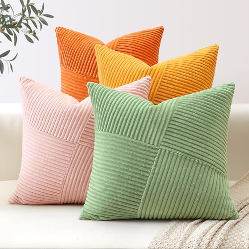 Sungeek Lot de 4 Housse de Coussin 40x40 cm en Velours Côtelé, Housse Coussins Bohème Patchwork à Rayures Pinwheel Doux Taies d'oreiller Décoratives pour Lit Canapé Chambre Salon, Orange Rose
