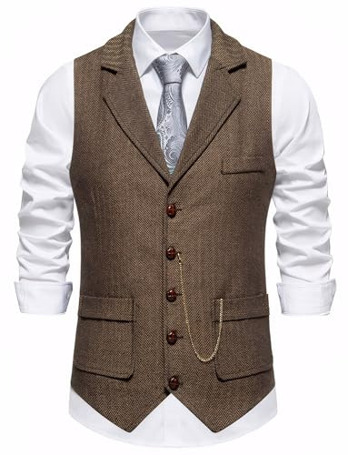 AIEOE Herrväst Gilet Tweed Vintage Formell Business Kostym Väst S-XXL, Brun, M