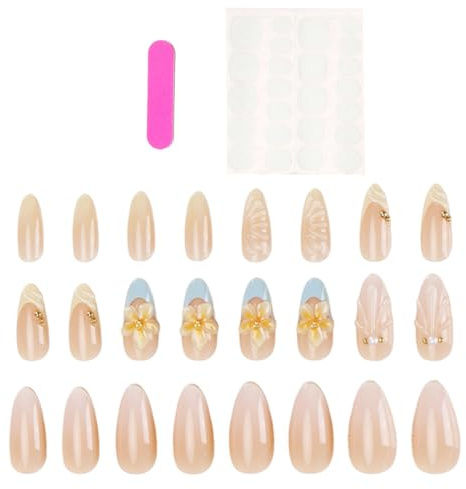 KEQAR 24 uñas 3D talladas flor – French Tips almendra, kit completo
