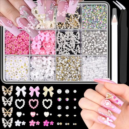 3D Nagelrosetter, Nagelcharm Rosett Kärlekshjärta Blomma Nagelberlocker med Pärlor, Ädelstenar för naglar, Diamanter med manikyrverktyg