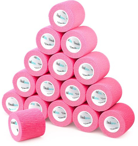 Healbox Venda Cohesiva 5 cm x 4,5 m Color Rosa – Caja de 16 para Cinta para Medias de Fútbol, Venda Veterinaria y Cinta para Empuñadura