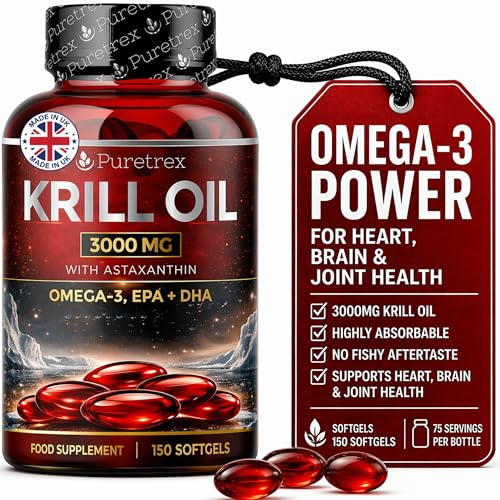 Puretrex Krill Oil 3000mg 150 Softgels – Omega 3 EPA DHA, High Strength | 360mg EPA 240mg DHA in Phospholipid Form with Astaxanthin No Fishy Aftertaste GMP Made in UK Softgels