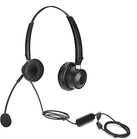 XFSLDOPRW Cuffia telefonica binaurale con microfono, cuffia da ufficio USB, microfono con braccio girevole regolabile a 330° e clip per testa, audio a banda larga di livello aziendale per