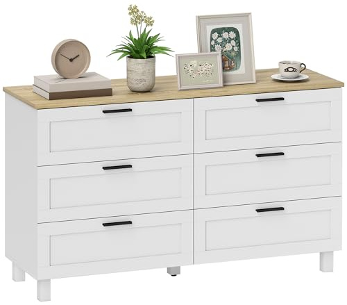 HOMCOM Cassettiera Camera da Letto 6 Cassetti, Como Camera da Letto con 5 Gambe in Legno di Pino, Maniglia, Piedini Regolabili, Cassettiera Salvaspazio per Soggiorno e Corridoio, 120x38x71 cm, Bianco
