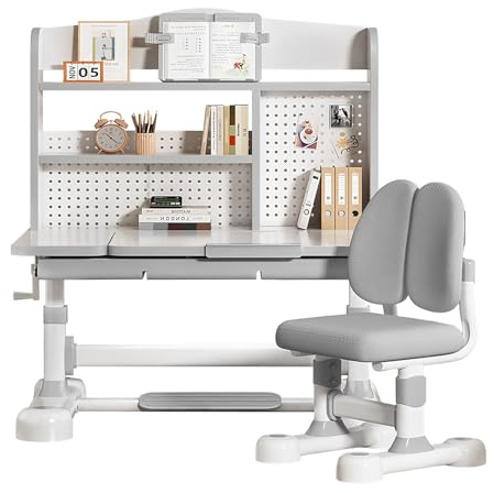 Kids Desk and Chair Set - Height Adjustable Children School Functional Study Table with 50° Tiltable Desktop,Storage Drawer, Bookshelf, Hand-Cranked Lift, Kid Writing Desk for Boys Girls Gift Grey