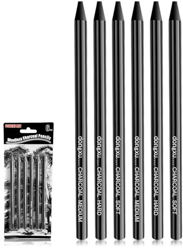 JYSNOW Crayons Fusain Set, 6 Pièces, Charbon de Croquis Noir