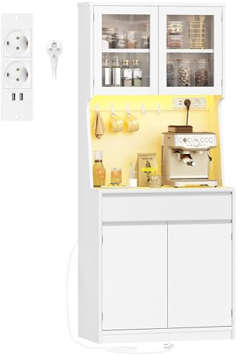 Hzuaneri Aparador Cocina, Armario de Cocina, Armario de Almacenamiento, Encimera y 4 Armarios de Almacenaje, con Regleta de Enchufes y Tira de Luz LED, Estantes Regulables, 40x75x180cm, Blanco