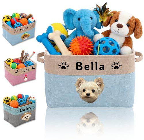 Iwe lwe Personalised Dog Toy Basket with Name & Photo, Foldable Dog Toy Box with Handles, Custom Dog Basket for Toys, Blankets & Pet Storage, Durable Fabric Toy Basket (Blue)