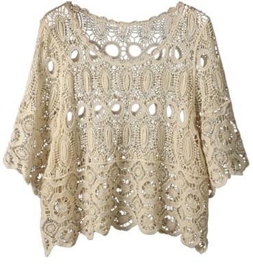 T-shirt d'été à manches 3/4 au crochet pour femme - Tricot - Motif floral - Pull de plage - Haut de plage bohème - Col rond - Chemisier ample - Bikini transparent - Mode de plage
